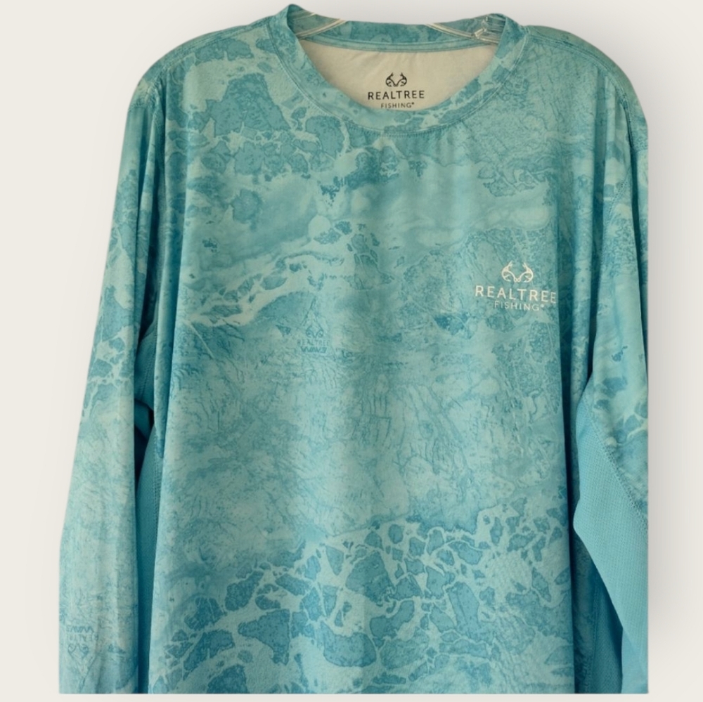 @) Realtree Fishing XL Teal Tie Dye Long Sleeve Performance Shirt Men’s or Women
